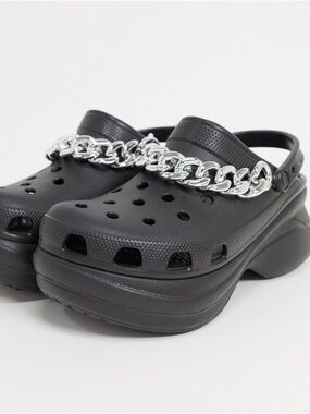 CROCS Black Platform Clogs with Silver Chain Trim